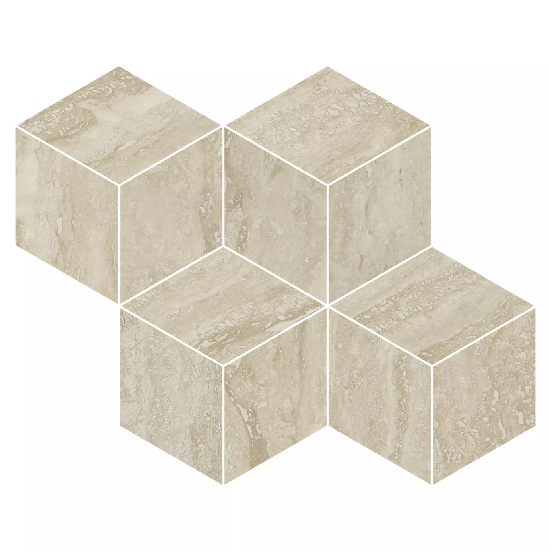 Refin Prestigio Travertino Beige Lucido Beige OO30 glaenzend 30,4x35,2cm Mosaik Cube rektifiziert 9mm